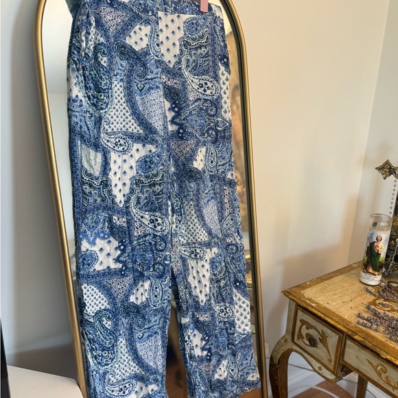 ZARA Wide Leg Paisley Blue  Linen Pants SZ Medium - Picture 4 of 7